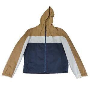 London Fog Mens Vintage Colorblock Hooded Windbreaker Jacket Tan Blue 40 Regular
